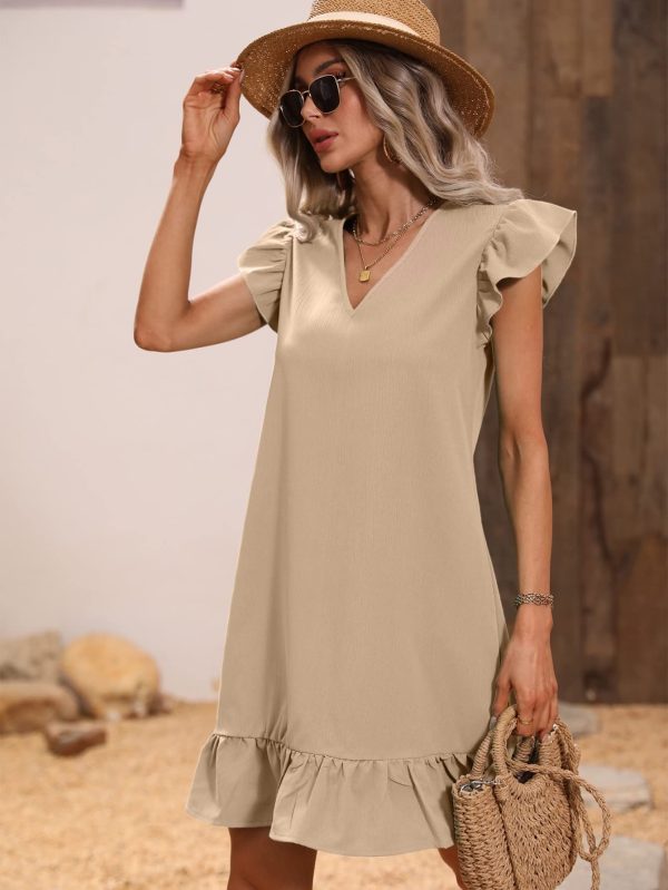 Summer Dresses for Women V Neck Cap Sleeve Ruffle Hem Smock Short Dress