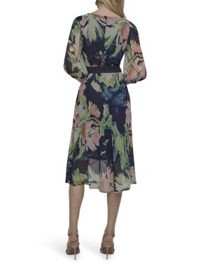 Women's Balloon Sleeve Tie Fit & Flare Midi Dress