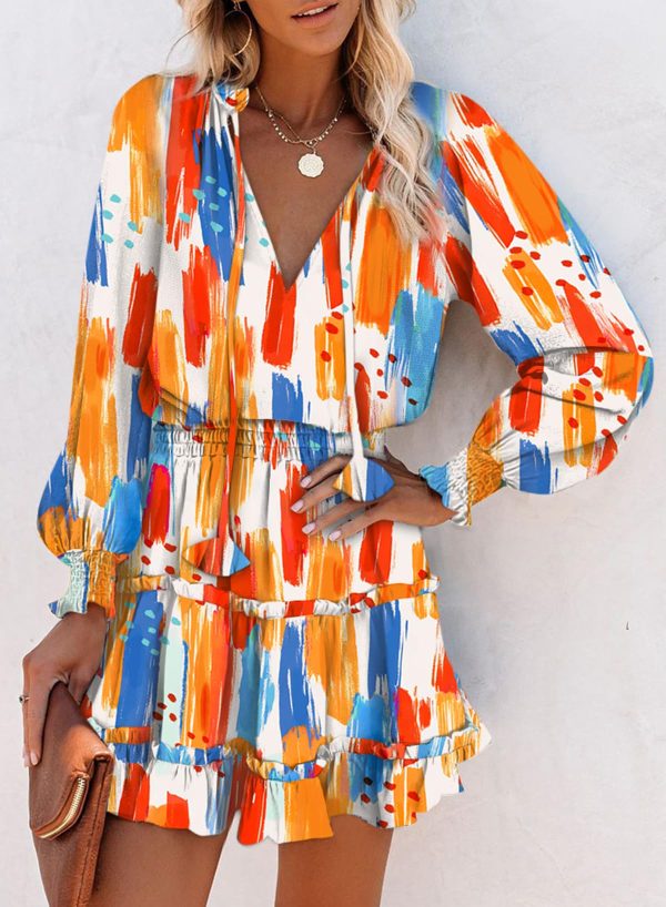 Spring Dresses for 2025 Boho Floral Drawstring V Neck Smocked Long Sleeve Ruffle Tiered Chiffon Mini Short Dress