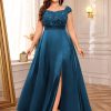Women's Plus Size Sequin Lace Off Shoulder Satin Slit Formal Evening Party Maxi Dress