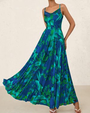 Women Summer Floral Maxi Dresses Elegant Spaghetti Strap Dress Printed Party Dress Beach Long Dresses