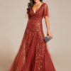 Women's Sequin Sparkly V-Neck Short Sleeve Maxi Evening Dress 00734