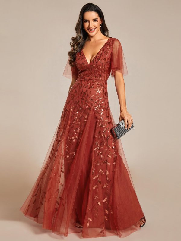 Women's Sequin Sparkly V-Neck Short Sleeve Maxi Evening Dress 00734
