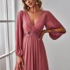Women's V Neck Long Sleeves Floor Length Ruched Chiffon Formal Dress 00461