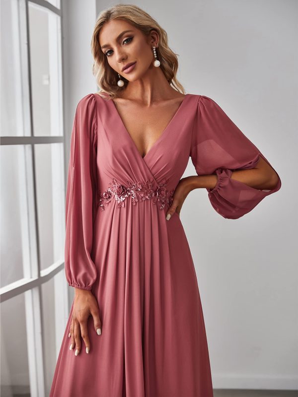 Women's V Neck Long Sleeves Floor Length Ruched Chiffon Formal Dress 00461