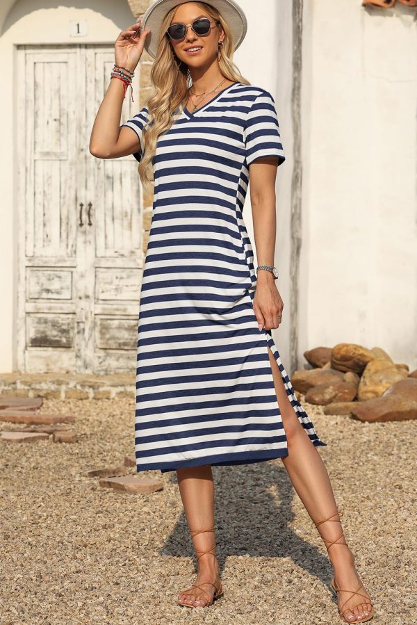 Women 2025 Casual Maxi Dress Short Sleeve V Neck Stripe Sundress Split Loose Long Summer Tshirt Activewear Dress
