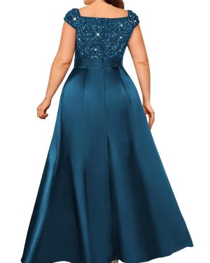 Women's Plus Size Sequin Lace Off Shoulder Satin Slit Formal Evening Party Maxi Dress