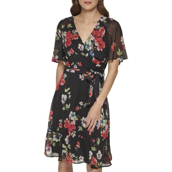 Women's Fit and Flare V Neck Cape Sleeve Dress
