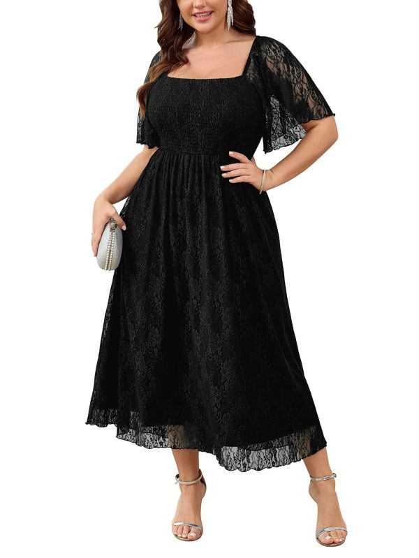 Women's Plus Size Wedding Guest Dress Formal Lace Square Neck Short Sleeve Smocked Flowy Cocktail Maxi Dresses