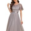 Women's Round Neck Lace Embroidered Short Sleeve A Line Tea-Length Cocktail Dress 02293