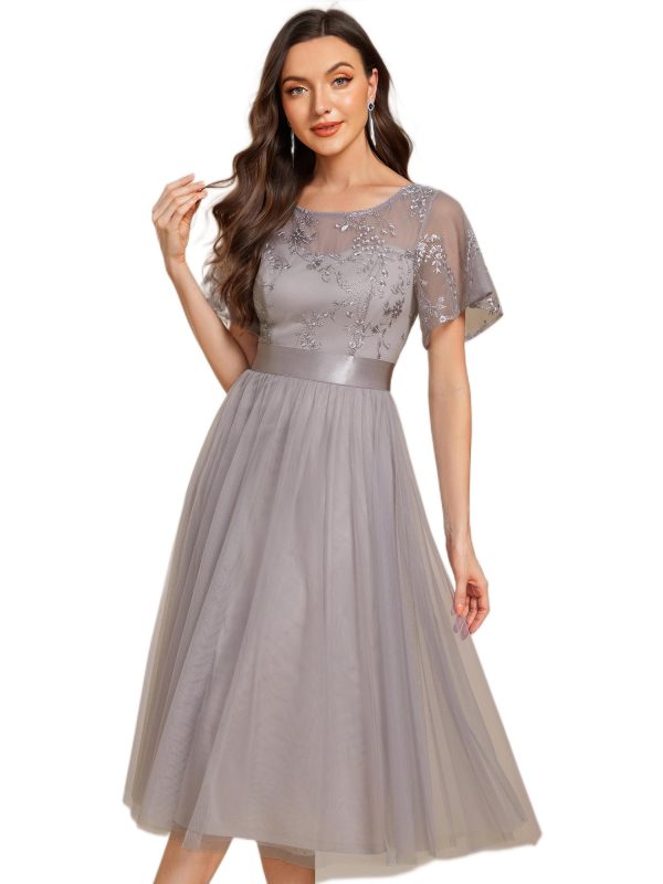 Women's Round Neck Lace Embroidered Short Sleeve A Line Tea-Length Cocktail Dress 02293