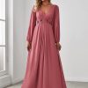 Women's V Neck Long Sleeves Floor Length Ruched Chiffon Formal Dress 00461