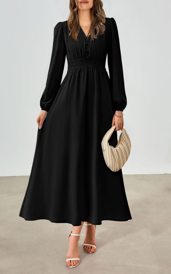 PRTTYGARDEN Womens Long Sleeve Maxi Dress 2025 Spring Trendy Elegant V Neck Flowy Wedding Guest Holiday Formal Long Dresses