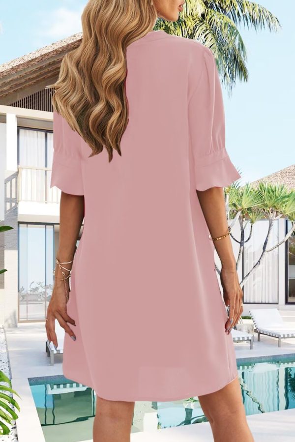 Shift Dress for Women V Neck Short Sleeves Solid Color Casual Flowy Summer Dresses(S-2XL)