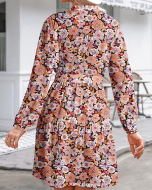 Womens Floral Boho Dress 2025 Spring Summer Casual Crewneck Button Long Sleeve Empire Waist Belted Flowy Mini Dress