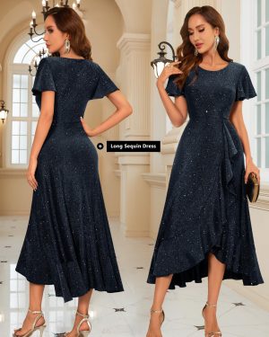Women Sequin Formal Party Dress Flutter Short Sleeve Wedding Cocktail Long Evening Dress