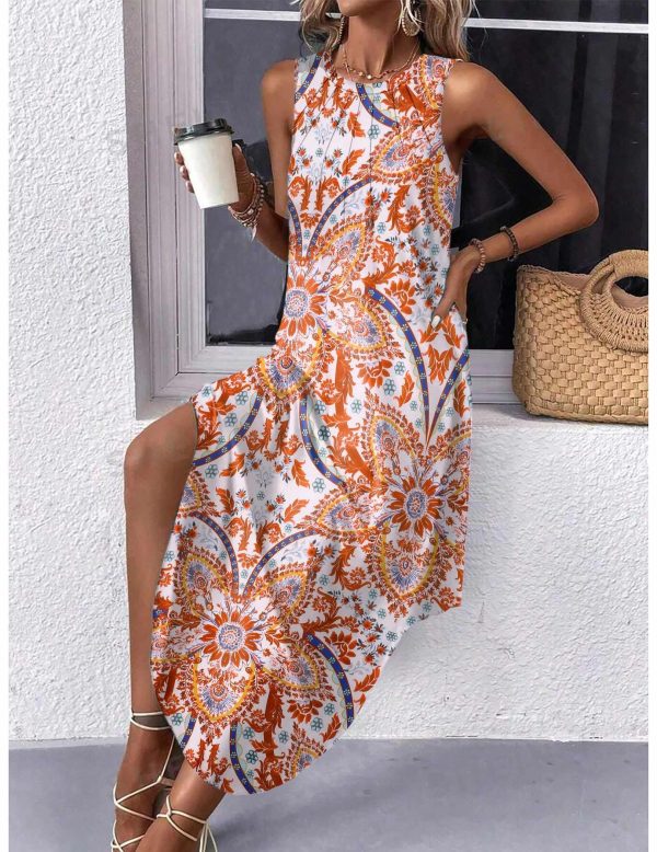 Women Floral Summer Dress Casual Beach Dress Printed Tank Dress with Pockets Pleated Front Long Dress