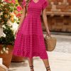 Women Casual Summer Short Ruffles Tiered Sleeve Smocked Midi Dresses Bohemian Floral V Neck Wedding Guest Long Dresses