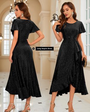 Women Sequin Formal Party Dress Flutter Short Sleeve Wedding Cocktail Long Evening Dress