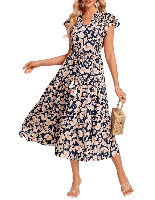 Womens Summer Floral Midi Dresses Short Sleeve Beach Wedding Guest Dress Drawstring Long Flowy Dress with Pockets