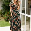 Simplee Womens Floral Maxi Dress - Short Sleeve Summer Boho Wedding Guest Dress Empire Waist Chiffon Modest Midi Dresses