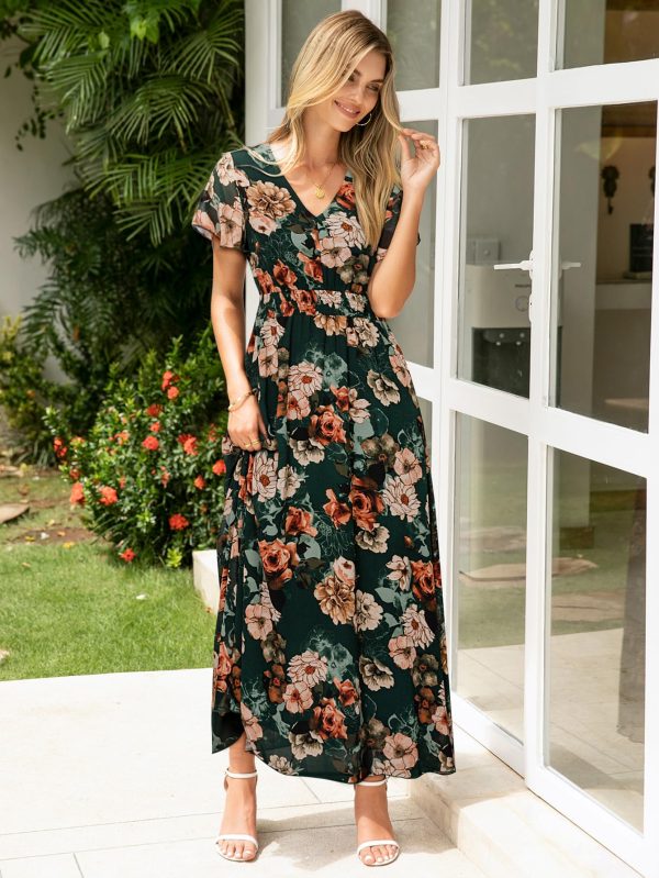 Simplee Womens Floral Maxi Dress - Short Sleeve Summer Boho Wedding Guest Dress Empire Waist Chiffon Modest Midi Dresses