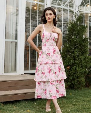 Women's Floral Maxi Dress Summer Wedding Guest Dress Tiered Sleeveless Lace Up Corset Sundress