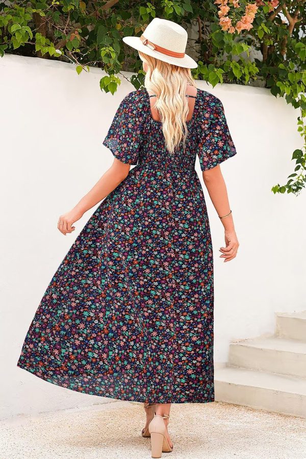 Womens Dresses 2025 Square Neck Tie Backless Summer Dresses Cap Sleeve Floral Buttoned Empire Waist Maxi Dress