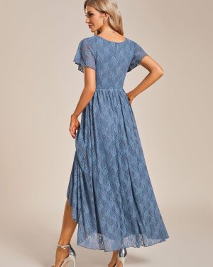 Women's Lace V Neck Ruffles Sleeves Pleated Empire Waist A-Line Maxi Formal Dresses 01489