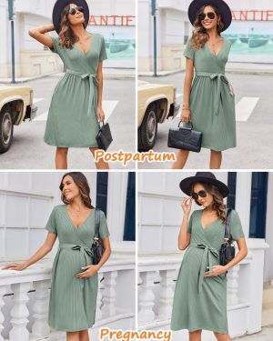Women Short Sleeve Maternity Nursing Dress Casual V Neck Breastfeeding Loungewear Ribbed Knit Pregnancy Dresses S-XXL
