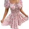 Women's Boho Square Neck Puff Short Sleeve Self Tie Front A Line Dress