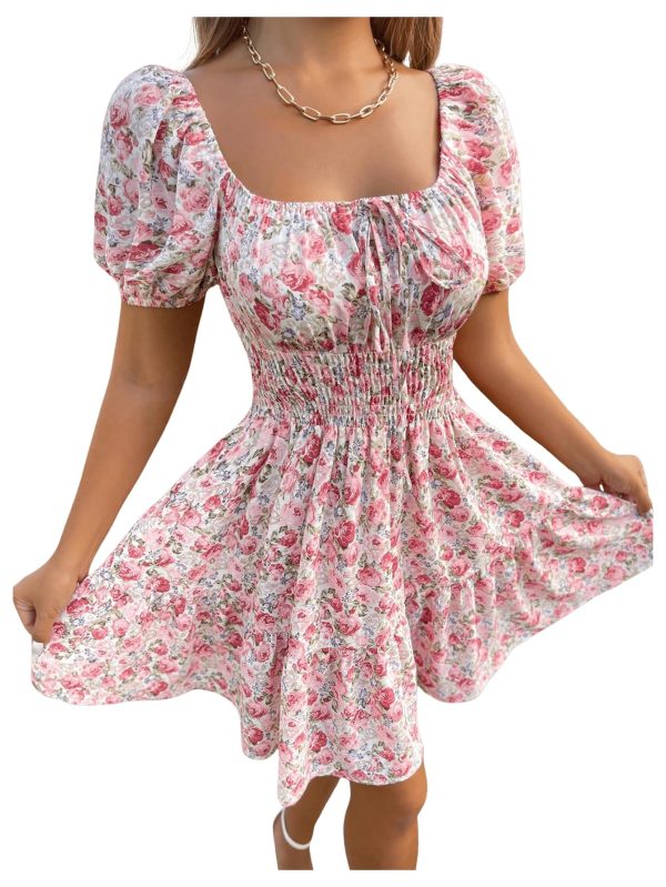 Women's Boho Square Neck Puff Short Sleeve Self Tie Front A Line Dress