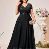 Women's Plus Size Sequin Floral Lace V Neck Formal Bridesmaid Evening Flowy Maxi Dress Black