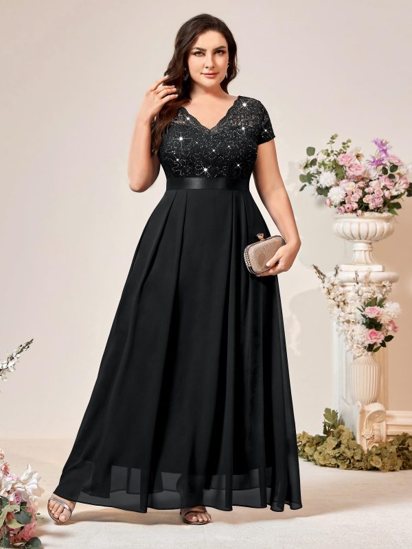 Women's Plus Size Sequin Floral Lace V Neck Formal Bridesmaid Evening Flowy Maxi Dress Black