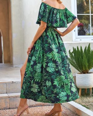 Women Ruffle Floral Maxi Summer Dress Off Shoulder Short Sleeve Backless Flounce Bodice Slit Hem Beach Dresses
