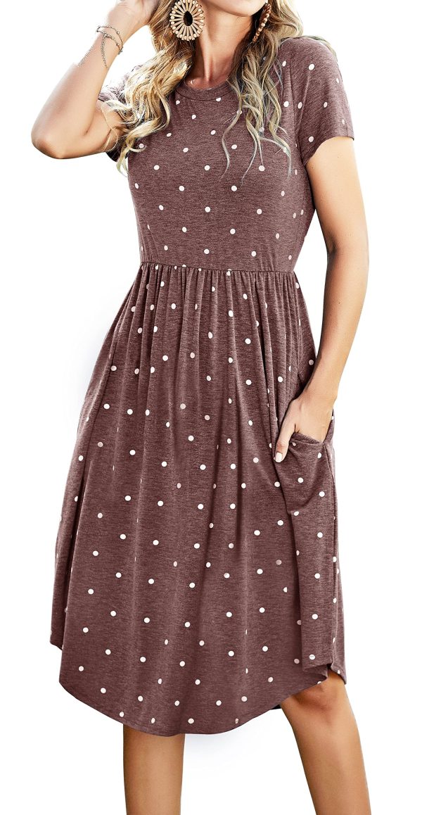 Womens Summer Pocket Knee Length Teacher Casual Dress Spring Modest Knit Fit Flare Short Sleeve Midi Work Travel Outfits