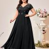 Women's Plus Size Sequin Floral Lace V Neck Formal Bridesmaid Evening Flowy Maxi Dress Black