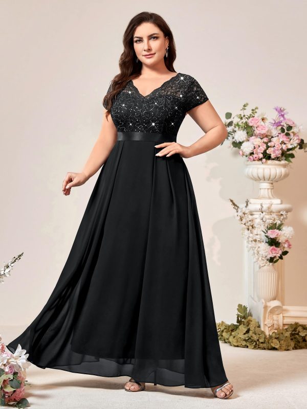 Women's Plus Size Sequin Floral Lace V Neck Formal Bridesmaid Evening Flowy Maxi Dress Black