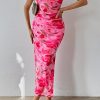 Women's Summer Maxi Bodycon Dresses Strapless Tube Top Slit Floral Printed Party Club Long Dress