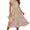Women Casual Summer Short Ruffles Tiered Sleeve Smocked Midi Dresses Bohemian Floral V Neck Wedding Guest Long Dresses