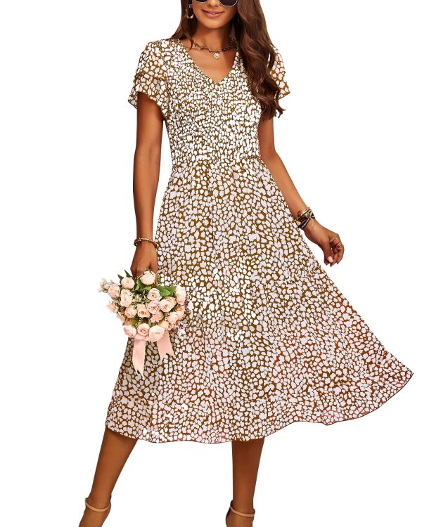 Women Casual Summer Short Ruffles Tiered Sleeve Smocked Midi Dresses Bohemian Floral V Neck Wedding Guest Long Dresses