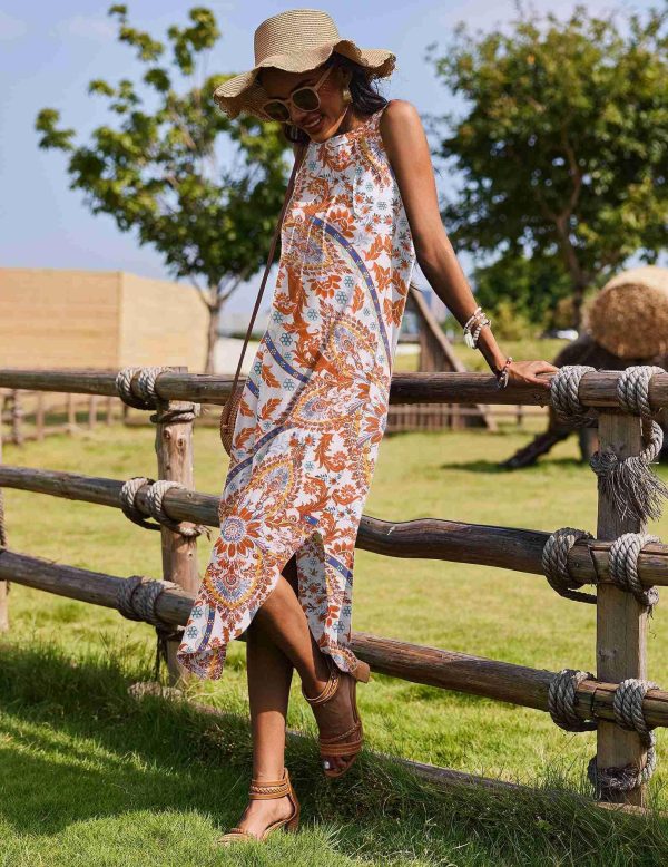 Women Floral Summer Dress Casual Beach Dress Printed Tank Dress with Pockets Pleated Front Long Dress