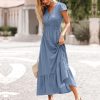 Womens Dresses 2025 Summer Maxi Dress Boho Short Sleeve V Neck Swiss Dot Ruffle Tiered Smocked Flowy Long Dress