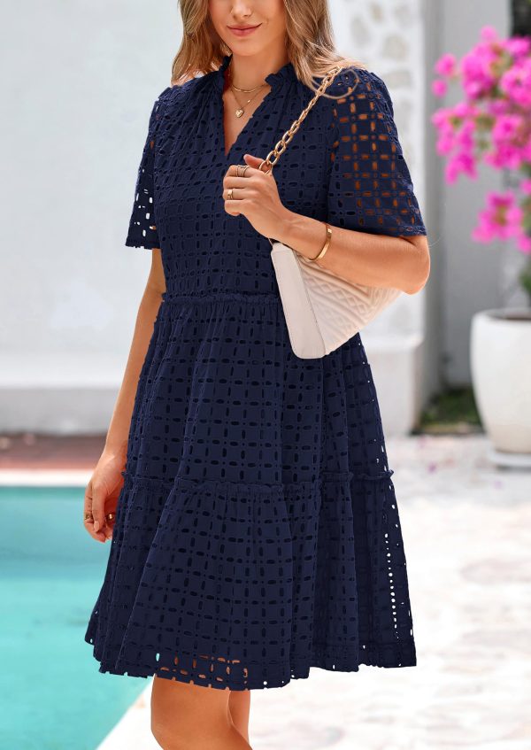 Summer Dresses for Women 2025 V Neck Hollow Out Eyelet Ruffle A Line Swing Short Beach Vacation Dress