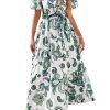 Women Puff Sleeve Boho Floral Maxi Dress 2025 Spring Summer Button Shirt V Neck Flowy Belted Beach Vacation Dresses