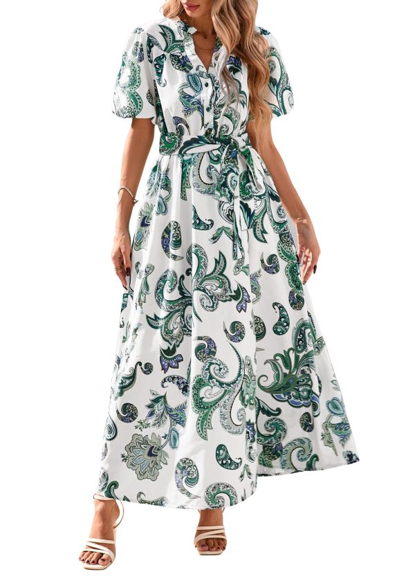 Women Puff Sleeve Boho Floral Maxi Dress 2025 Spring Summer Button Shirt V Neck Flowy Belted Beach Vacation Dresses