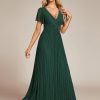 Women's Summer Wedding Guest Dress Glitter V Neck Pleated Short Sleeves Evening Mother Dresses 11961