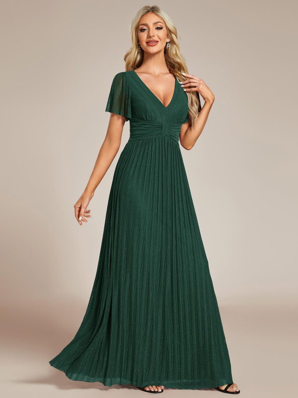 Women's Summer Wedding Guest Dress Glitter V Neck Pleated Short Sleeves Evening Mother Dresses 11961