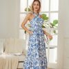 2025 Women's Criss Cross Halterneck Sleeveless Summer Floral Print Flowy A Line Maxi Dress