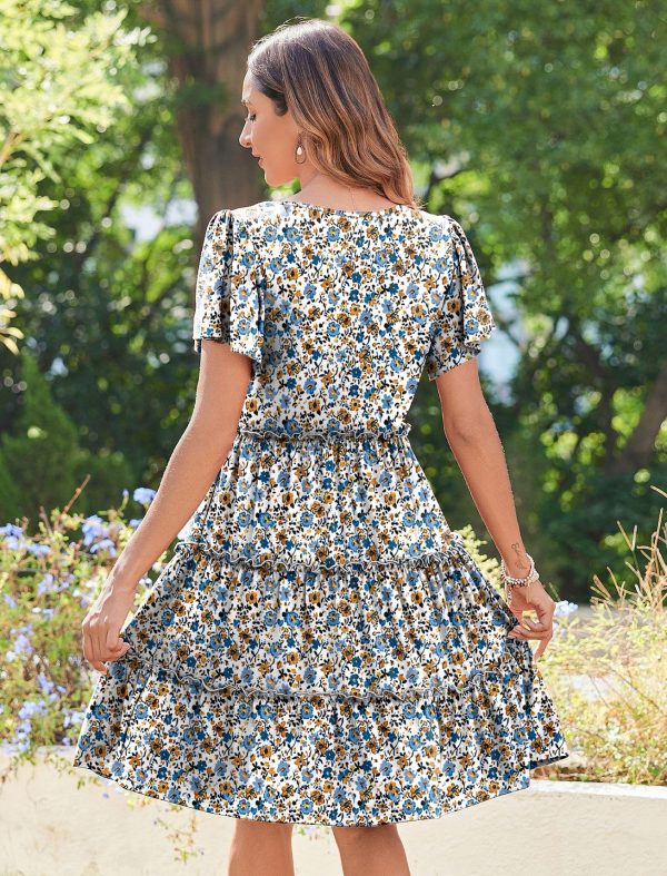 Summer Tiered Mini Dress with Pockets Ruffle Sleeve V-Neck Casual Dress A Line Boho Flowy Sundress 2025 Vacation